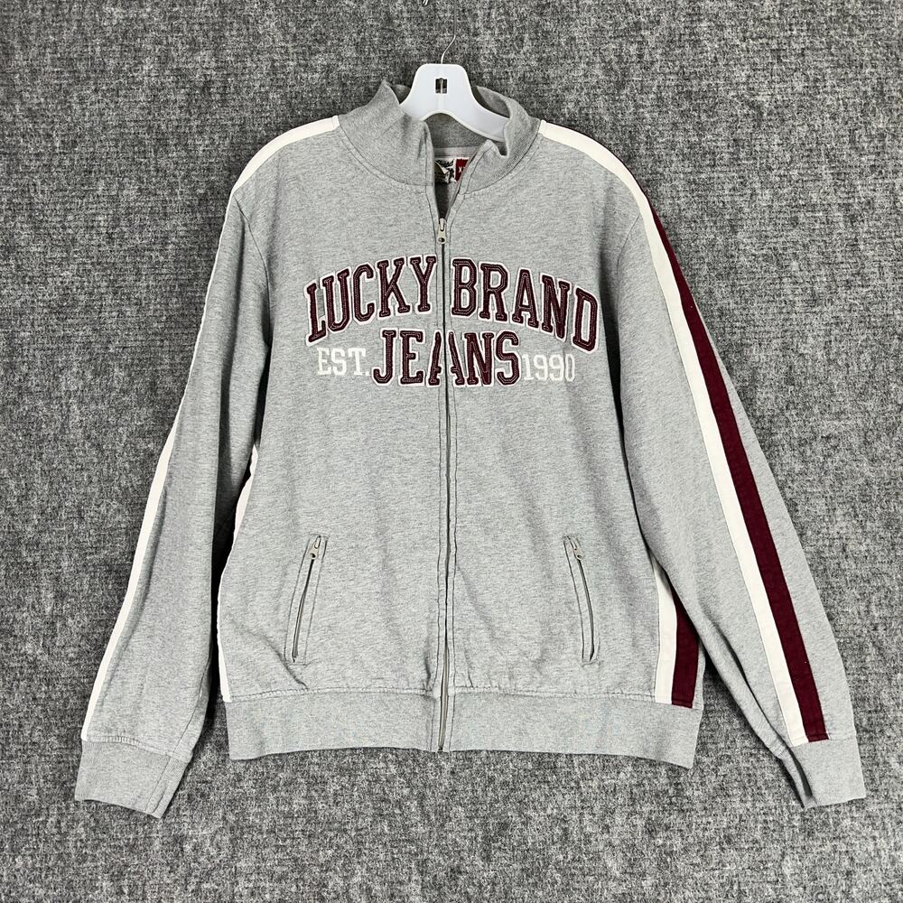 Lucky Brand Cardigan Sweater Mens XXL Gray Patches Zip Up Track Athletic Jeans